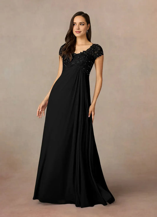 Fashionable Black A-Line V-Neck Sequin Lace Cap Sleeves Keyhole Back Zip Floor-Length Mother of the Bride Dress for sale