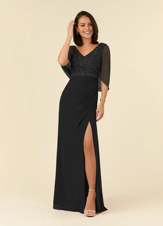 Fashionable Black Mermaid Lace V-Neck Cap Sleeves V back Back Zip Floor-Length Side Leg Slit Mother of the Bride Dress hot sale