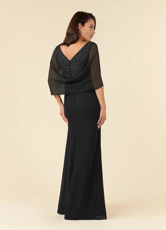 Fashionable Black Mermaid Lace V-Neck Cap Sleeves V back Back Zip Floor-Length Side Leg Slit Mother of the Bride Dress hot sale