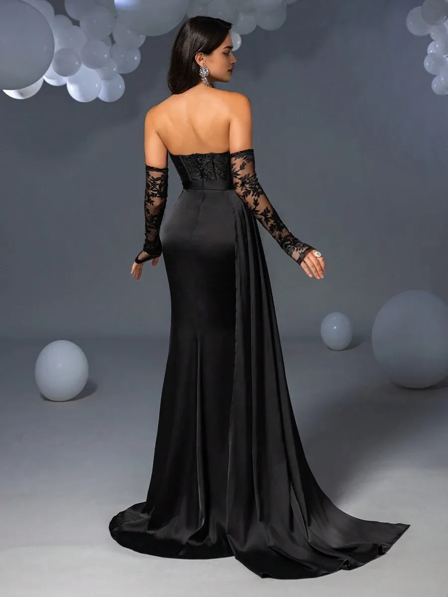 Fashionable Dark Green Mermaid Strapless Regular Sleeve Back Zip Lace Satin Slit Floor-Length Prom Dress