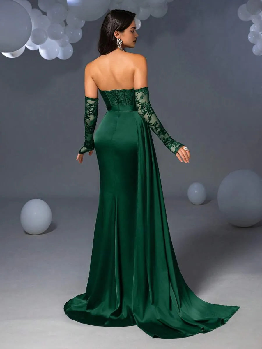 Fashionable Dark Green Mermaid Strapless Regular Sleeve Back Zip Lace Satin Slit Floor-Length Prom Dress