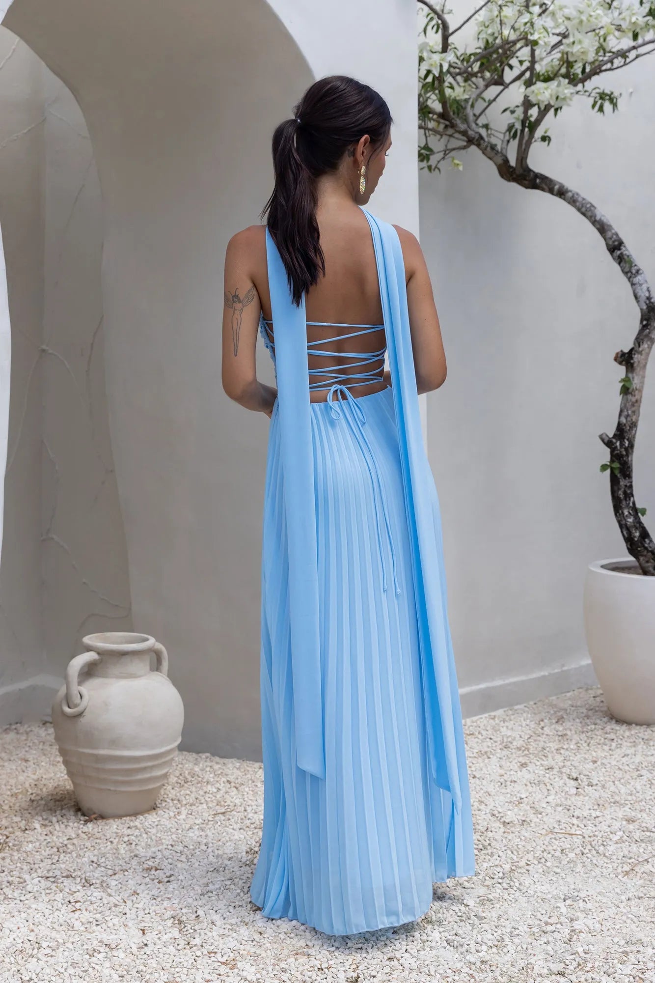 Fashionable Blue A-Line Strapless Sleeveless Crisscross back Pleated Neck scarf Chiffon Floor-Length Prom Dresses Hot sale