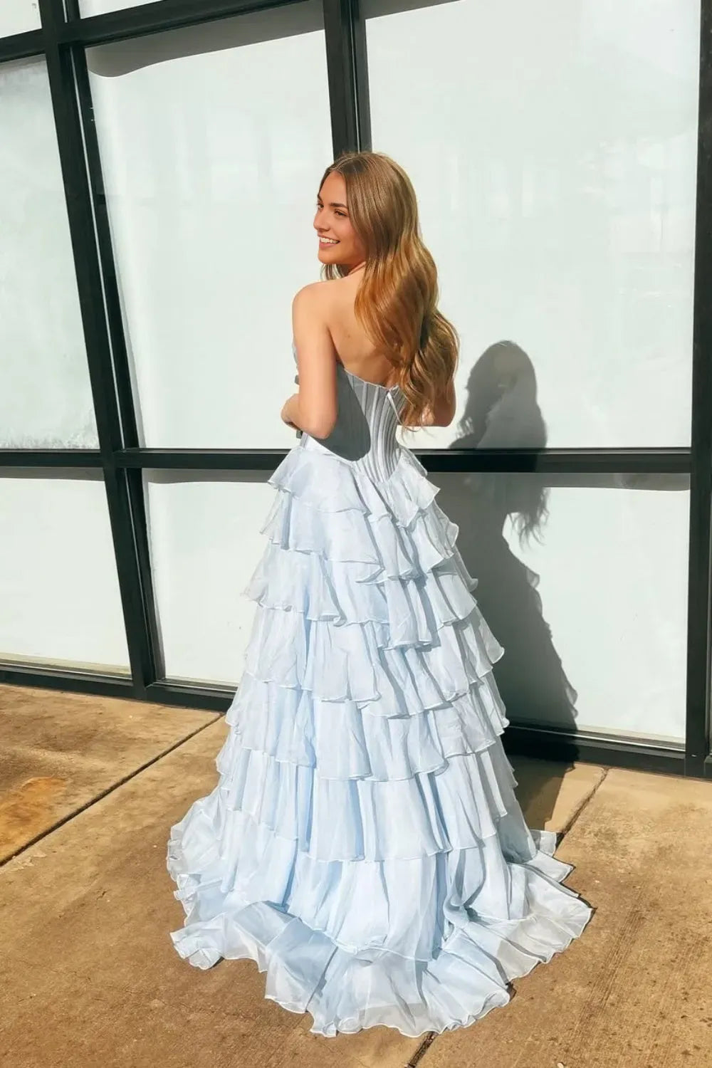 Fashionable Blue A-line Sweetheart Neck Sleeveless Appliques Ruffle Tiered Open-Back Back Zip Floor - Length Prom Dress with Slit