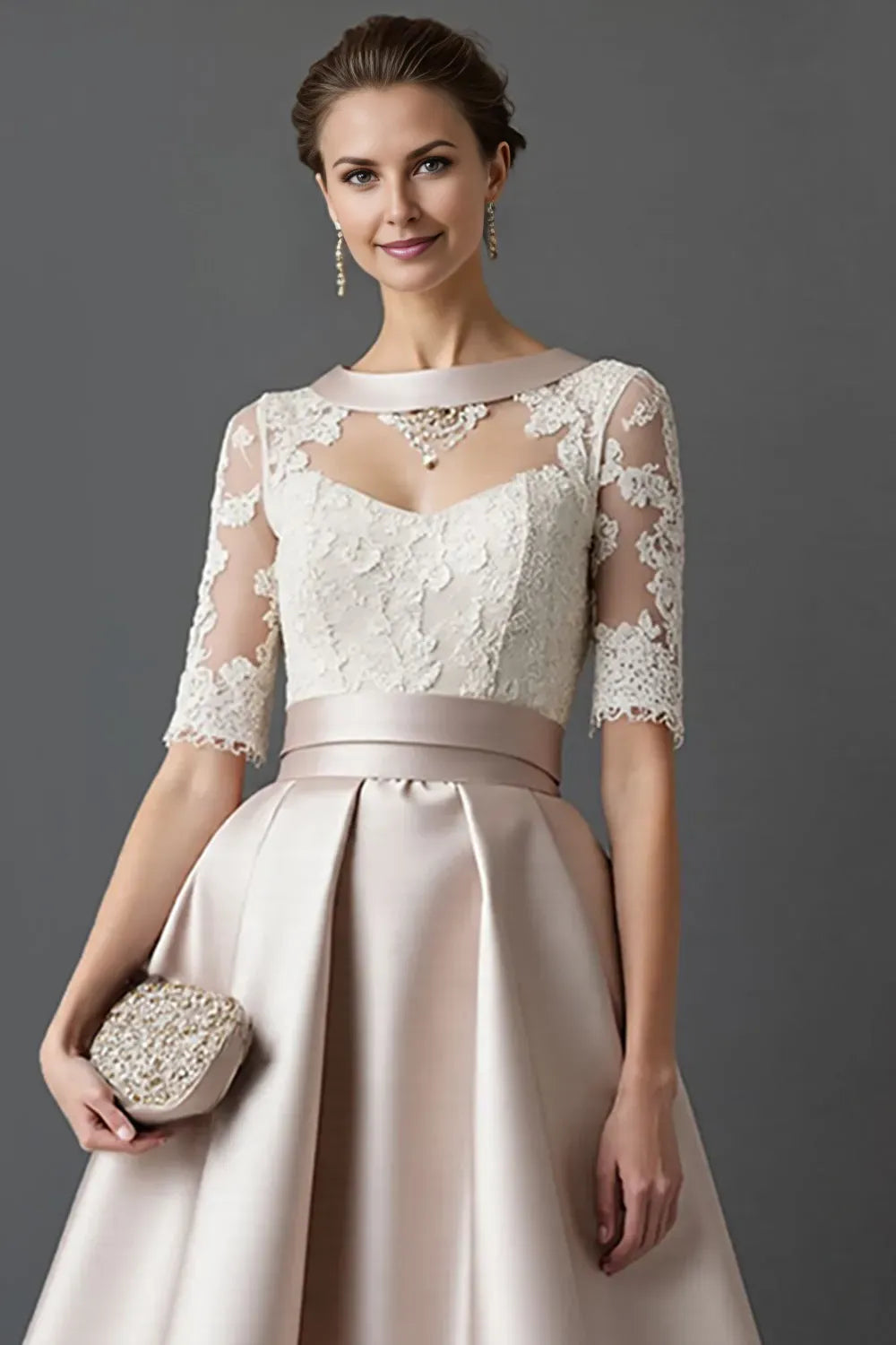 Fashionable Blush A-Line Lace Illusion Neckline Half Sleeves Tea Length Mother of the Bride Dress for bride hot sale