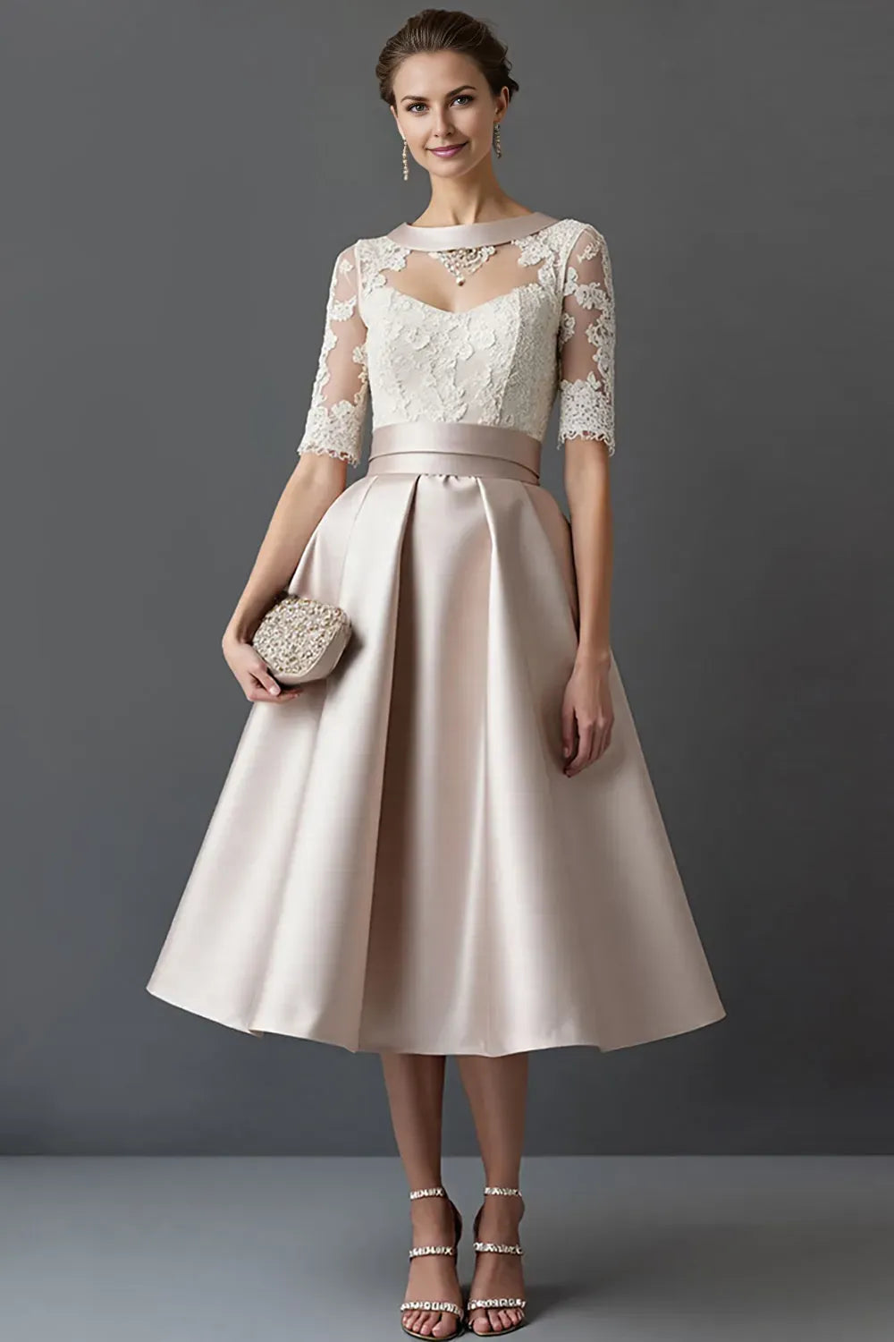 Fashionable Blush A-Line Lace Illusion Neckline Half Sleeves Tea Length Mother of the Bride Dress for bride hot sale