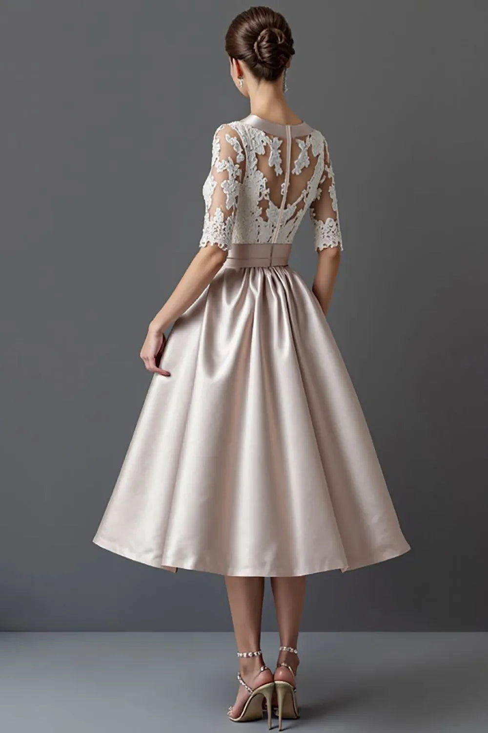 Fashionable Blush A-Line Lace Illusion Neckline Half Sleeves Tea Length Mother of the Bride Dress for bride hot sale