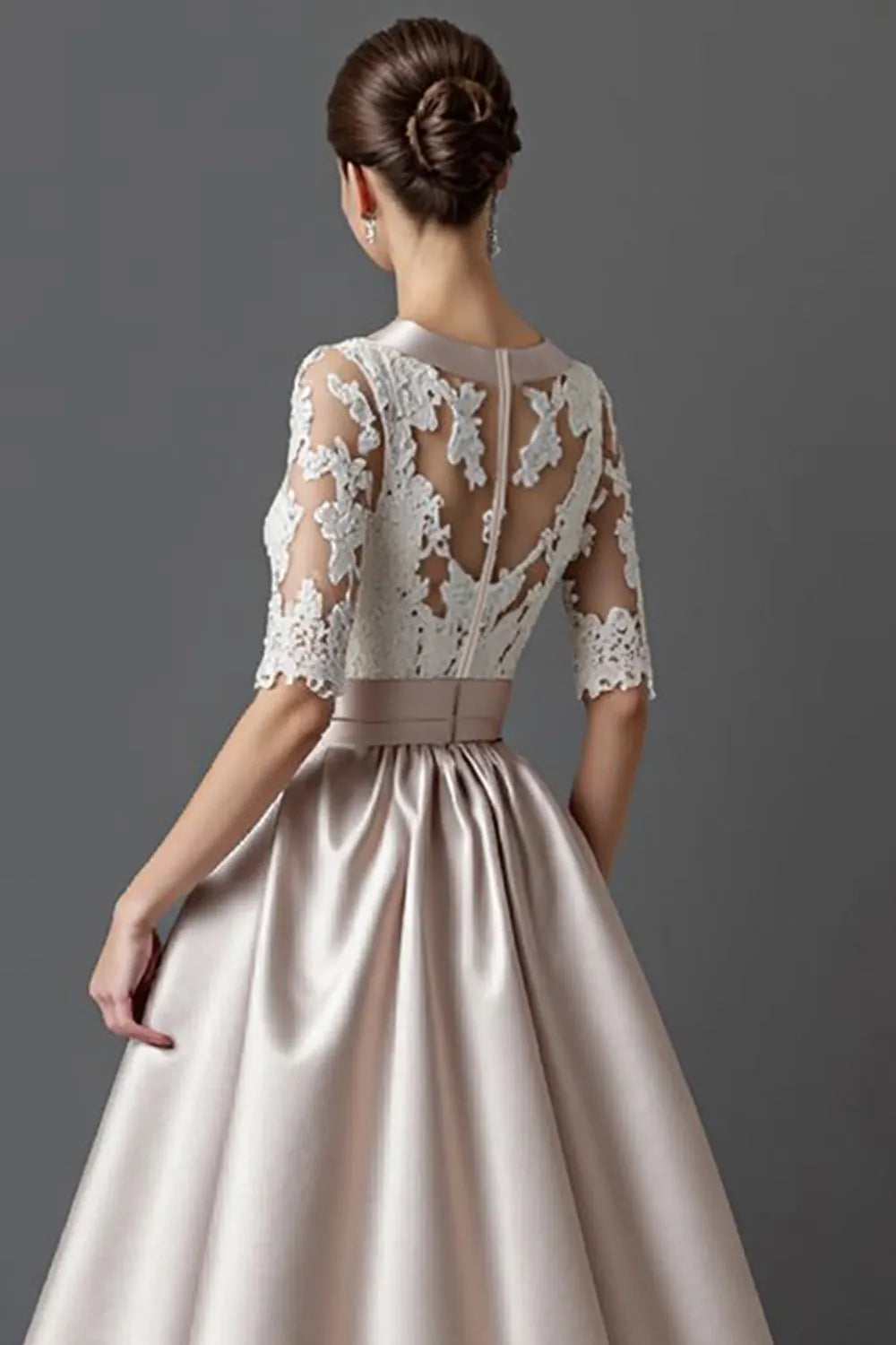 Fashionable Blush A-Line Lace Illusion Neckline Half Sleeves Tea Length Mother of the Bride Dress for bride hot sale