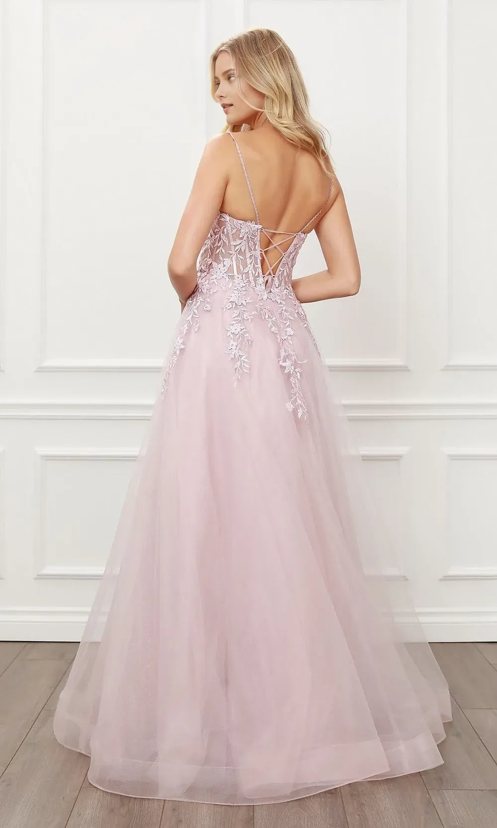 Fashionable Blush A-Line Low V-Neck Sleeveless Lace Up Lace Tulle Appliques Floral Embroidery Floor-Length Prom Dresses