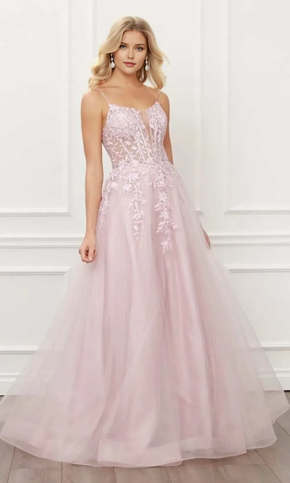 Fashionable Blush A-Line Low V-Neck Sleeveless Lace Up Lace Tulle Appliques Floral Embroidery Floor-Length Prom Dresses