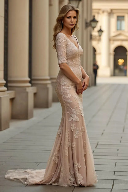 Fashionable Blush  Lace V-Neck Half Sleeve Back Zip Sweep/Brush Train Mermaid Mother of the Bride Dress