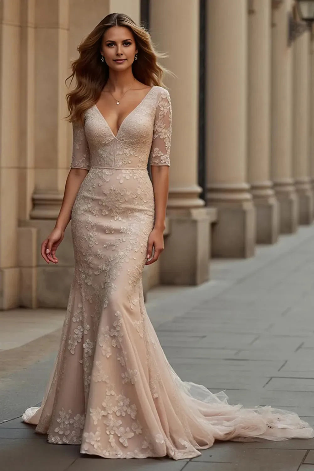 Fashionable Blush  Lace V-Neck Half Sleeve Back Zip Sweep/Brush Train Mermaid Mother of the Bride Dress