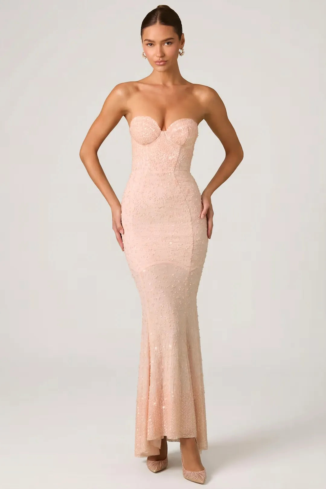 Fashionable Blush Pink Strapless Sweetheart Neck Full Sequin Embellished Open Back Mermaid Maxi Evening Dress