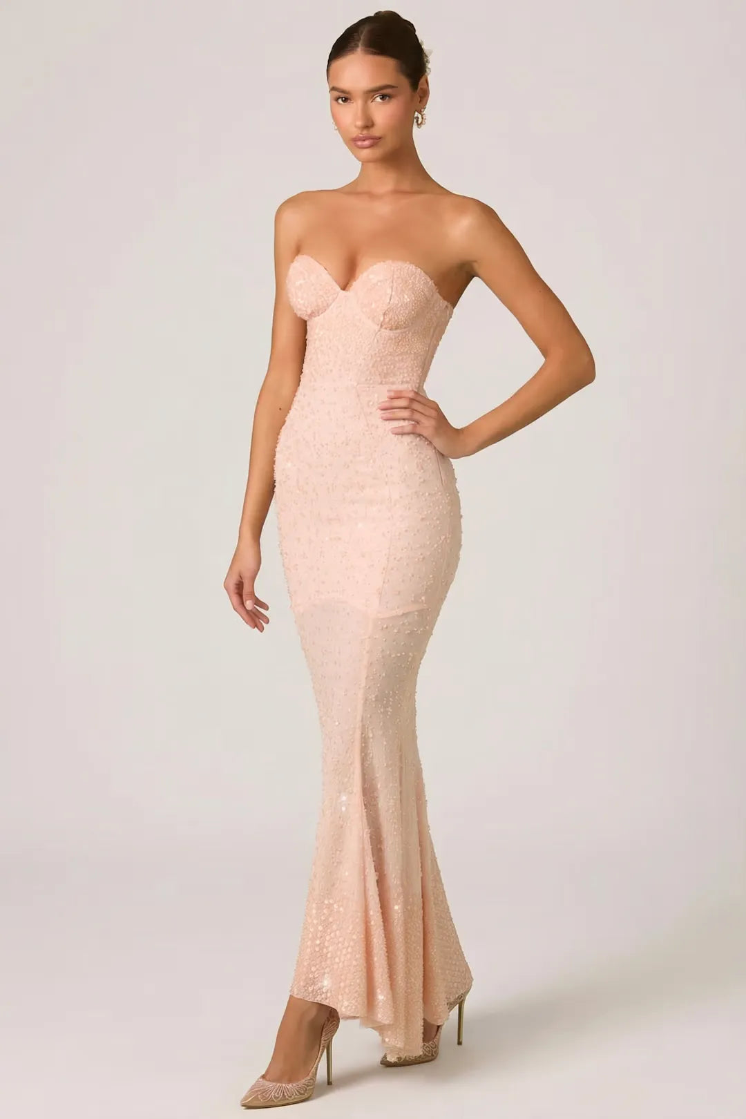 Fashionable Blush Pink Strapless Sweetheart Neck Full Sequin Embellished Open Back Mermaid Maxi Evening Dress