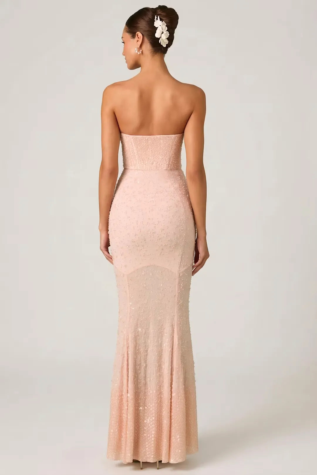 Fashionable Blush Pink Strapless Sweetheart Neck Full Sequin Embellished Open Back Mermaid Maxi Evening Dress
