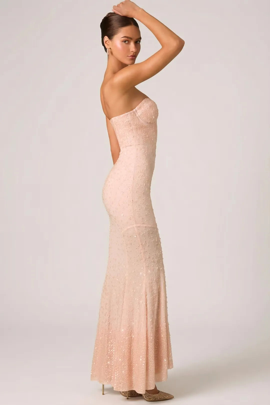 Fashionable Blush Pink Strapless Sweetheart Neck Full Sequin Embellished Open Back Mermaid Maxi Evening Dress