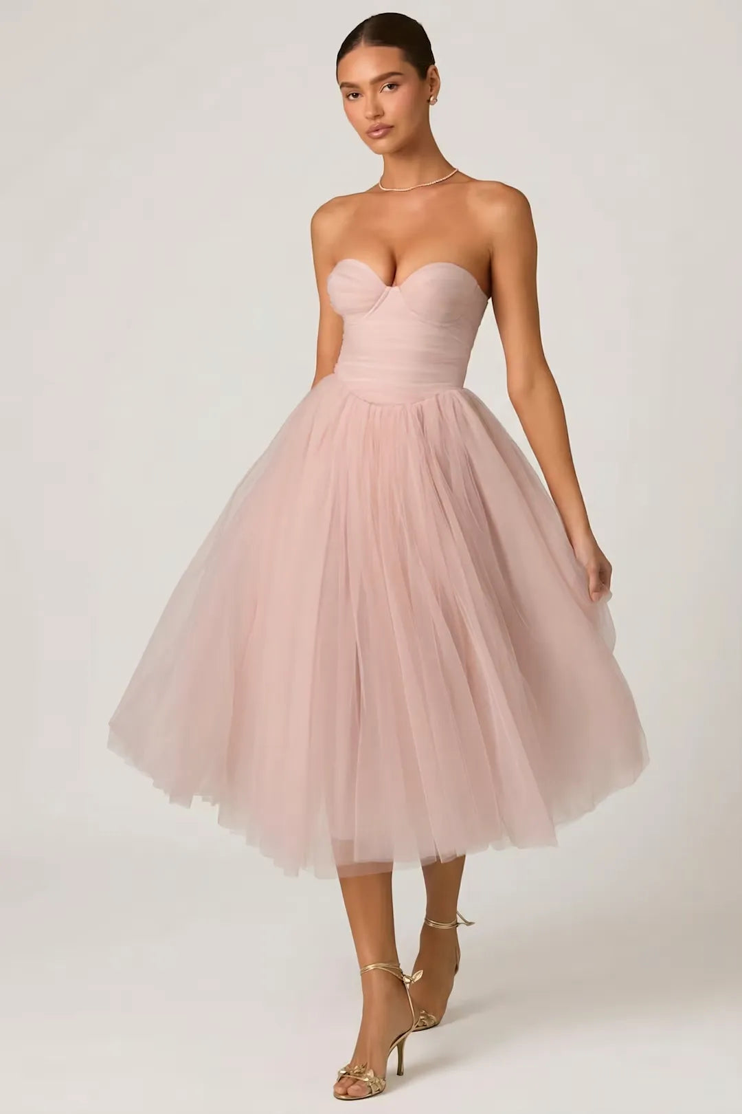 Fashionable Blush Pink Strapless Sweetheart Neck Ruched Waist Open Back Flowy Tulle A-Line Midi Dress Evening Dress