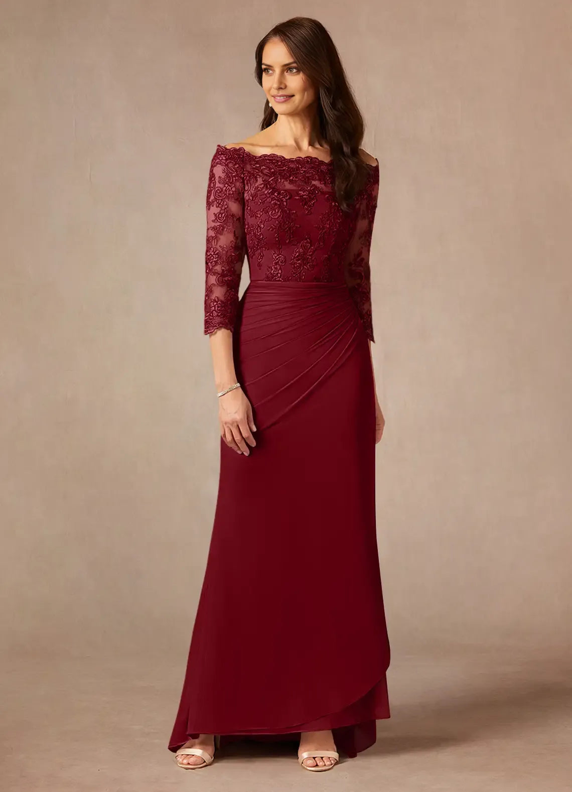 Fashionable Burgundy Mermaid Off the Shoulder Three-Quarter Sleeve Keyhole Back Zip Sweep train Mother of the Bride Dress hot sale