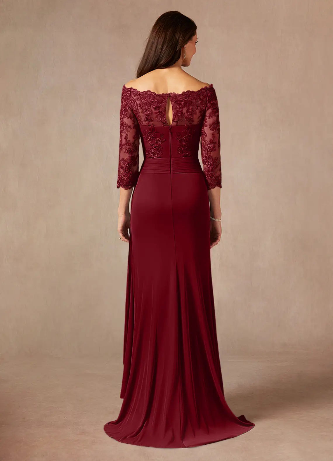 Fashionable Burgundy Mermaid Off the Shoulder Three-Quarter Sleeve Keyhole Back Zip Sweep train Mother of the Bride Dress hot sale