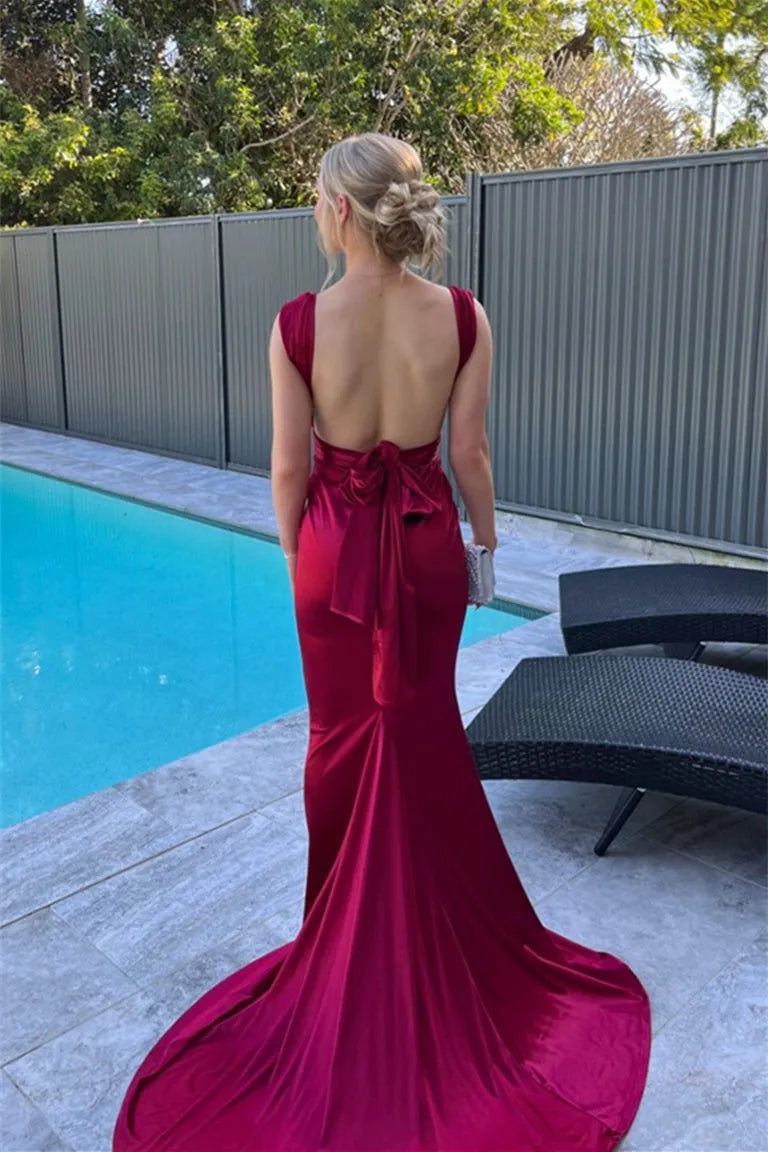 Fashionable Burgundy Mermaid Satin Knotted Straps Sleeveless Corset Bodice Open Back With Bow Floor - Length Prom Dress