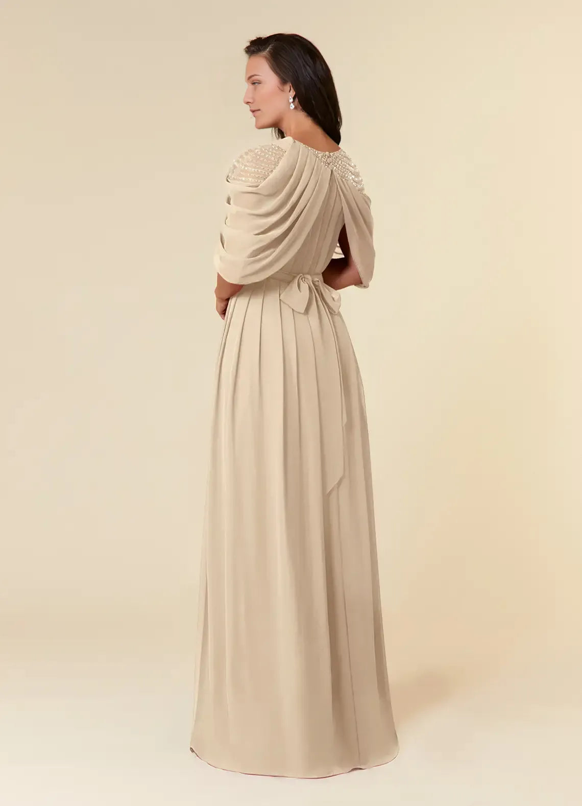 Fashionable Champagne A-Line Sequins Scoop Neck Cape Back Zip Floor-Length Side Leg Slit Mother of the Bride Dress ladies Custom