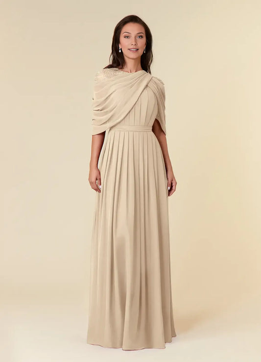 Fashionable Champagne A-Line Sequins Scoop Neck Cape Back Zip Floor-Length Side Leg Slit Mother of the Bride Dress ladies Custom