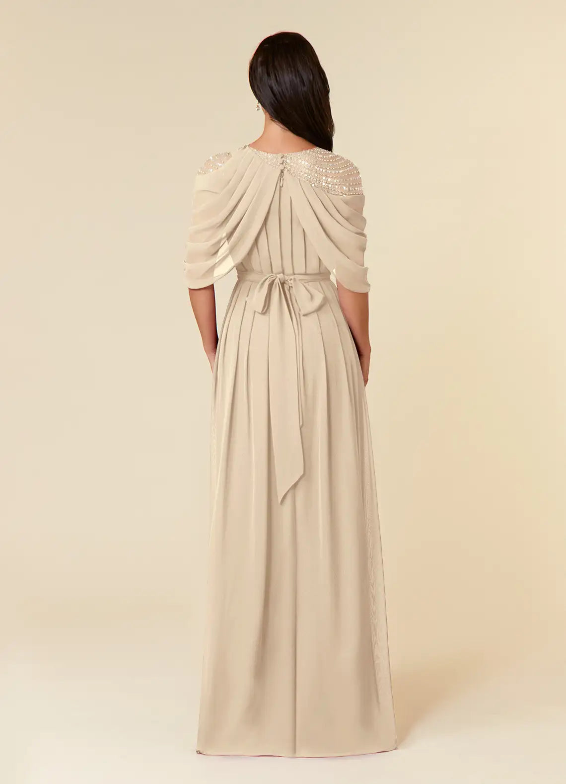 Fashionable Champagne A-Line Sequins Scoop Neck Cape Back Zip Floor-Length Side Leg Slit Mother of the Bride Dress ladies Custom