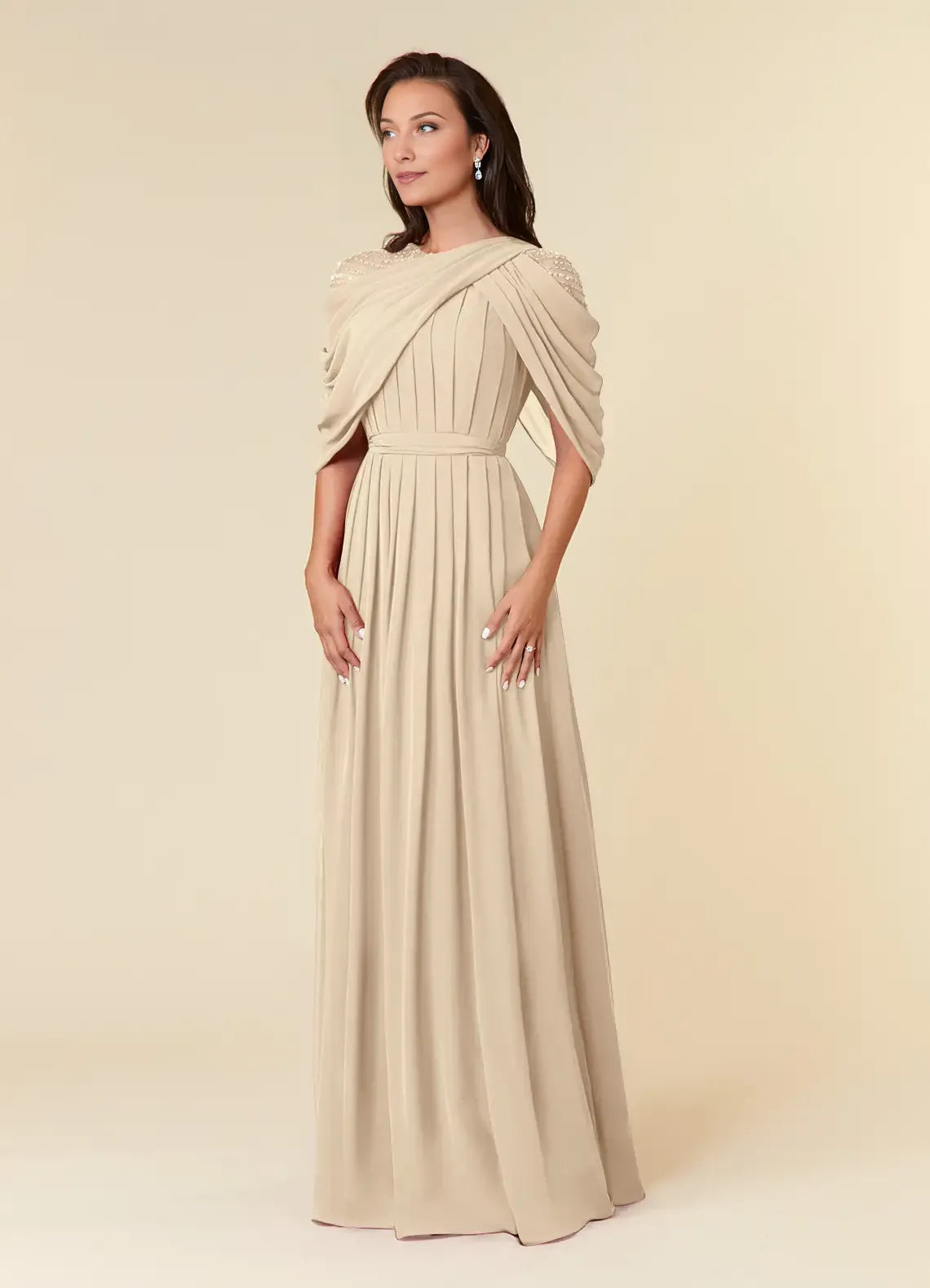 Fashionable Champagne A-Line Sequins Scoop Neck Cape Back Zip Floor-Length Side Leg Slit Mother of the Bride Dress ladies Custom