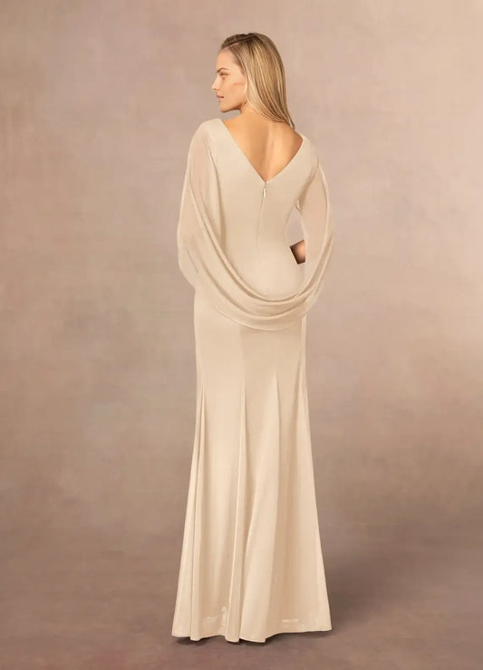 Fashionable Champagne Mermaid Scoop Neck Cape V back Back Zip Floor-Length Mother of the Bride Dress Custom