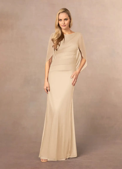 Fashionable Champagne Mermaid Scoop Neck Cape V back Back Zip Floor-Length Mother of the Bride Dress Custom