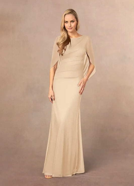 Fashionable Champagne Mermaid Scoop Neck Cape V back Back Zip Floor-Length Mother of the Bride Dress Custom