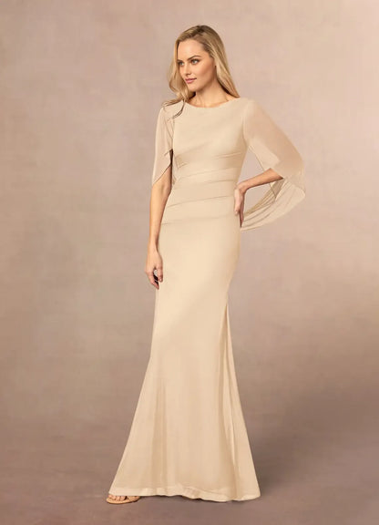 Fashionable Champagne Mermaid Scoop Neck Cape V back Back Zip Floor-Length Mother of the Bride Dress Custom