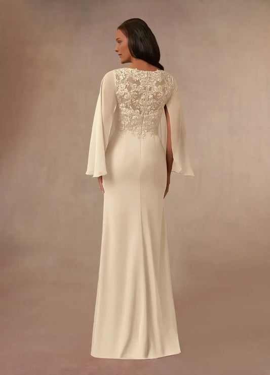 Fashionable Champagne Mermaid V-Neck Lace Long Sleeves Back Zip Floor-Length Mother of the Bride Dress for ladies hot sale