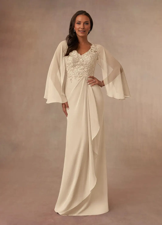 Fashionable Champagne Mermaid V-Neck Lace Long Sleeves Back Zip Floor-Length Mother of the Bride Dress for ladies hot sale