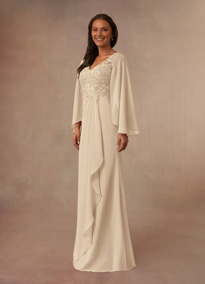 Fashionable Champagne Mermaid V-Neck Lace Long Sleeves Back Zip Floor-Length Mother of the Bride Dress for ladies hot sale