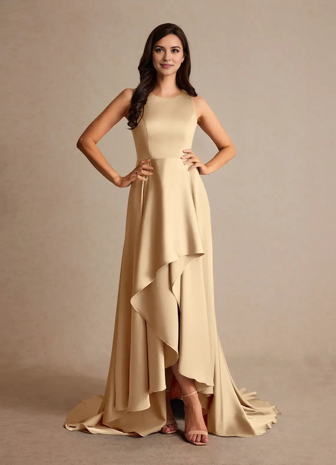 Fashionable Champagne Satin A-Line scoop neck Sleeveless Back Zip Sweep/Brush Train  Mother of the Bride Dress for women for sale