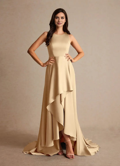 Fashionable Champagne Satin A-Line scoop neck Sleeveless Back Zip Sweep/Brush Train  Mother of the Bride Dress for women for sale
