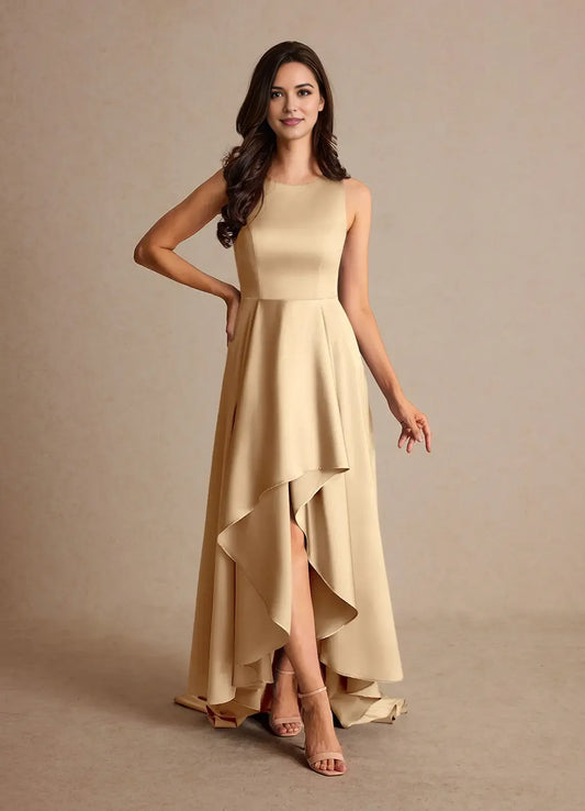 Fashionable Champagne Satin A-Line scoop neck Sleeveless Back Zip Sweep/Brush Train  Mother of the Bride Dress for women for sale