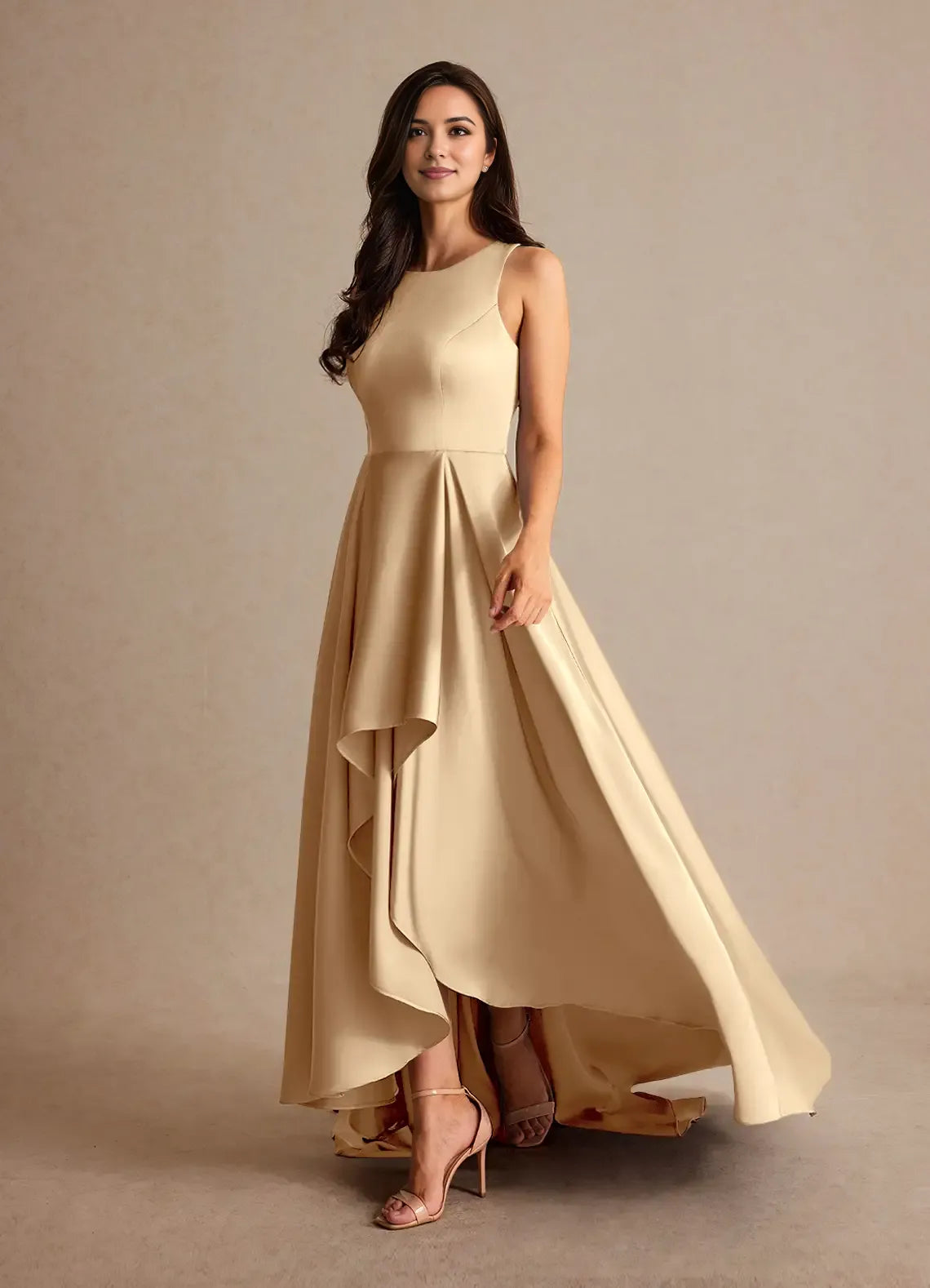 Fashionable Champagne Satin A-Line scoop neck Sleeveless Back Zip Sweep/Brush Train  Mother of the Bride Dress for women for sale