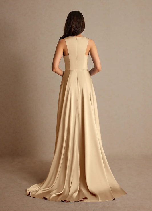 Fashionable Champagne Satin A-Line scoop neck Sleeveless Back Zip Sweep/Brush Train  Mother of the Bride Dress for women for sale