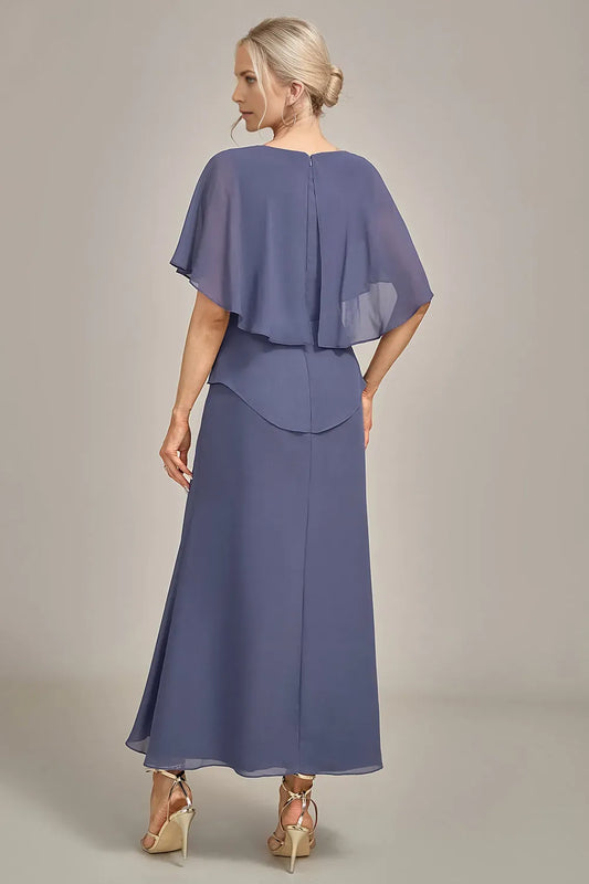 Fashionable Chiffon Layered Cape Sleeve Back Zip Mother of the Bride Dress for mother of the bride