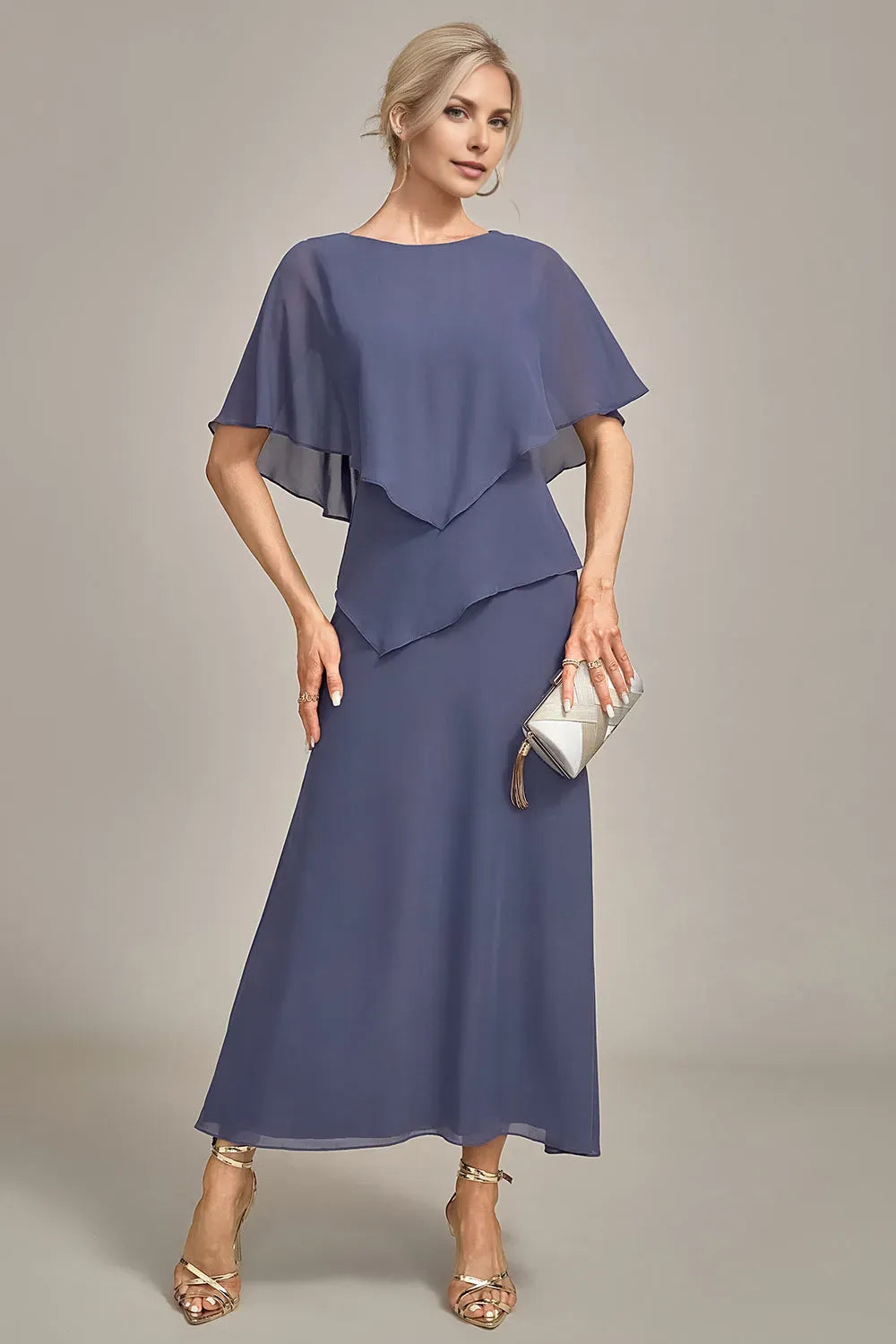 Fashionable Chiffon Layered Cape Sleeve Back Zip Mother of the Bride Dress for mother of the bride