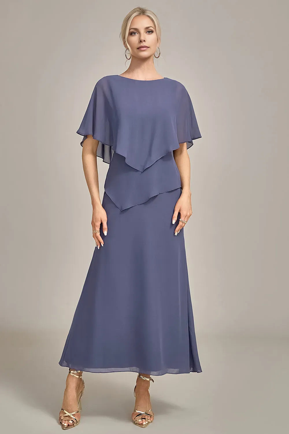 Fashionable Chiffon Layered Cape Sleeve Back Zip Mother of the Bride Dress for mother of the bride