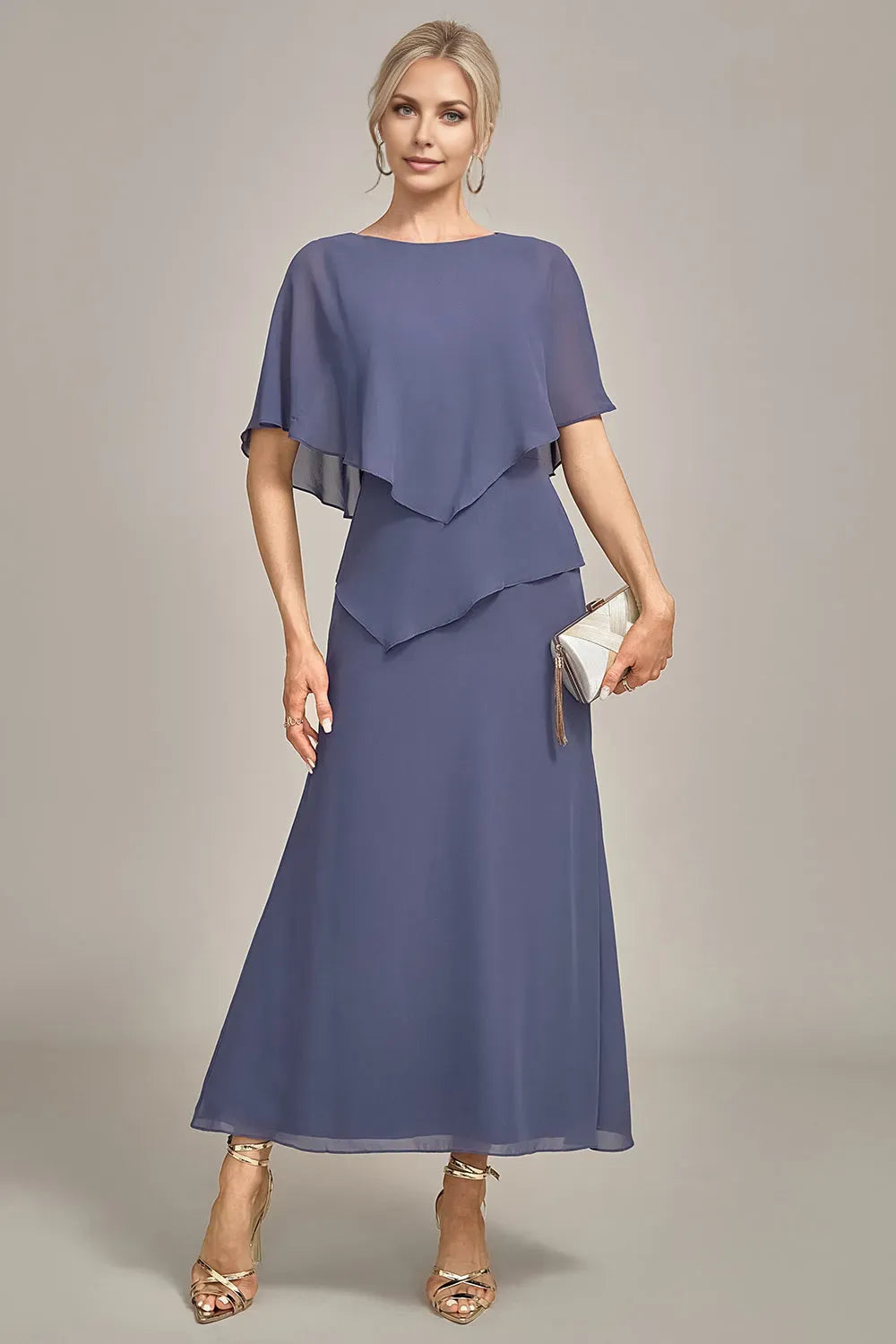 Fashionable Chiffon Layered Cape Sleeve Back Zip Mother of the Bride Dress for mother of the bride