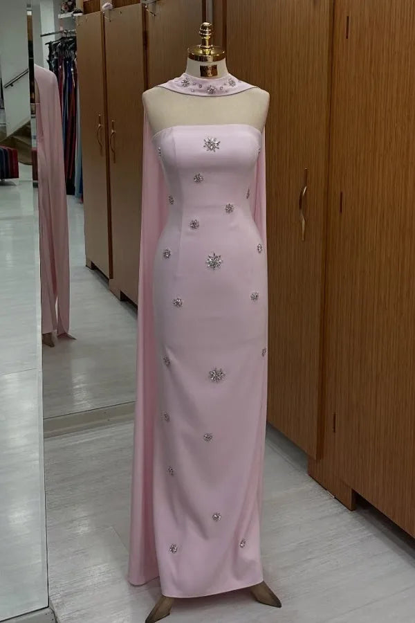 Fashionable Column Strapless Sleeveless Beaded Lace Up Cape-Attached Floor-Length Prom Dress for women Hot Sale