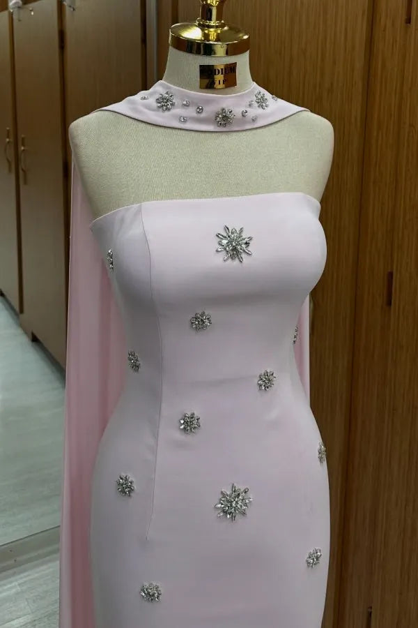 Fashionable Column Strapless Sleeveless Beaded Lace Up Cape-Attached Floor-Length Prom Dress for women Hot Sale