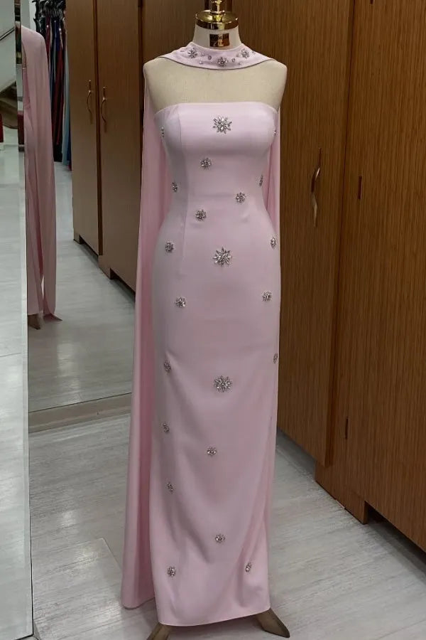 Fashionable Column Strapless Sleeveless Beaded Lace Up Cape-Attached Floor-Length Prom Dress for women Hot Sale