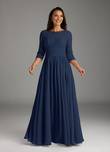 Fashionable Dark Navy A-Line Lace Chiffon Scoop Neck Three-Quarter Sleeve Back Zip Floor-Length Mother of the Bride Dress for women for sale