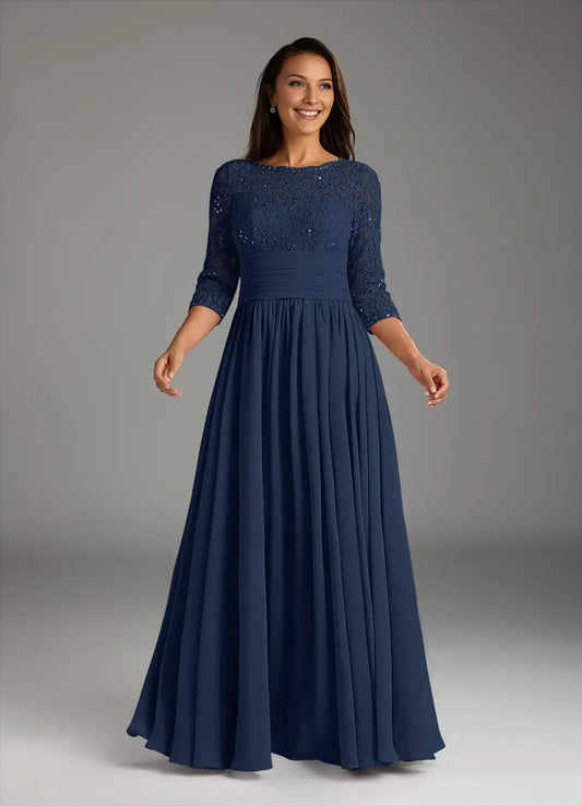 Fashionable Dark Navy A-Line Lace Chiffon Scoop Neck Three-Quarter Sleeve Back Zip Floor-Length Mother of the Bride Dress for women for sale