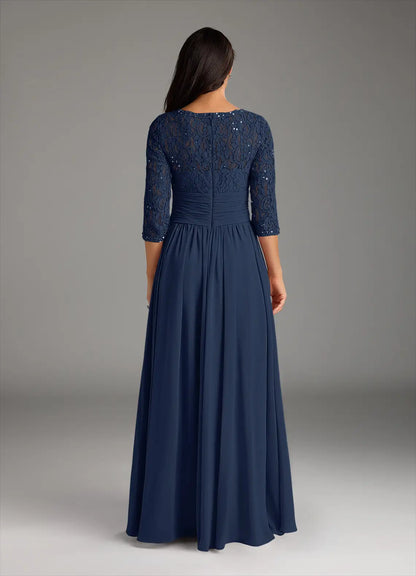 Fashionable Dark Navy A-Line Lace Chiffon Scoop Neck Three-Quarter Sleeve Back Zip Floor-Length Mother of the Bride Dress for women for sale