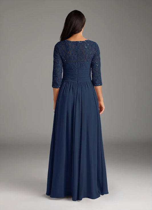 Fashionable Dark Navy A-Line Lace Chiffon Scoop Neck Three-Quarter Sleeve Back Zip Floor-Length Mother of the Bride Dress for women for sale